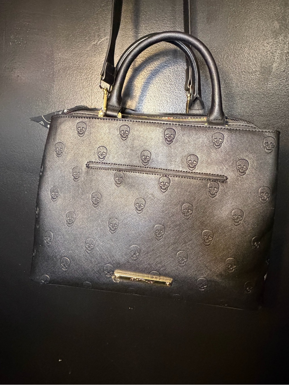 New Betsey Johnson Black Skull-Embossed Satchel with Gold Hardware